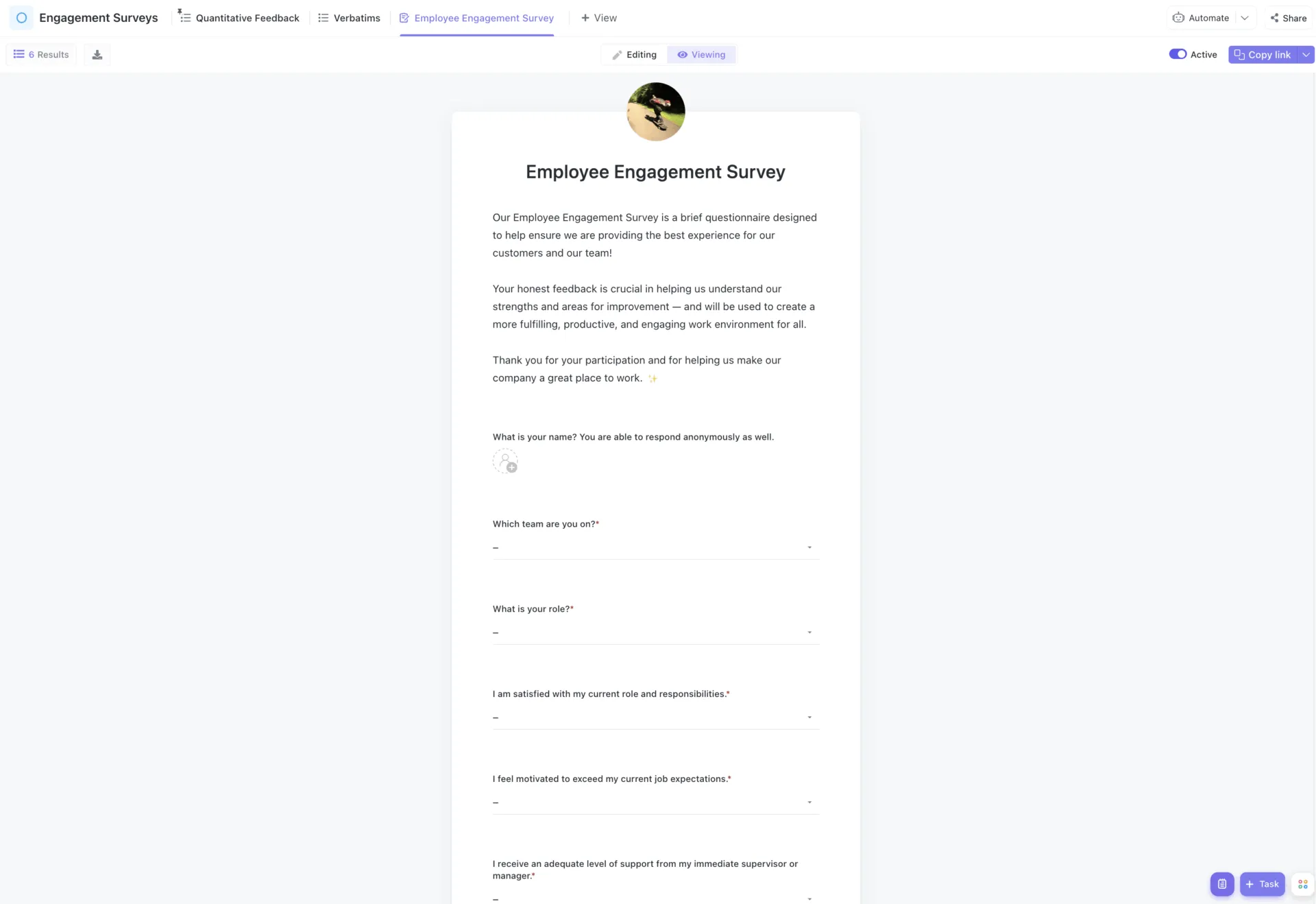 قالب استبيان مشاركة الموظفين من ClickUp