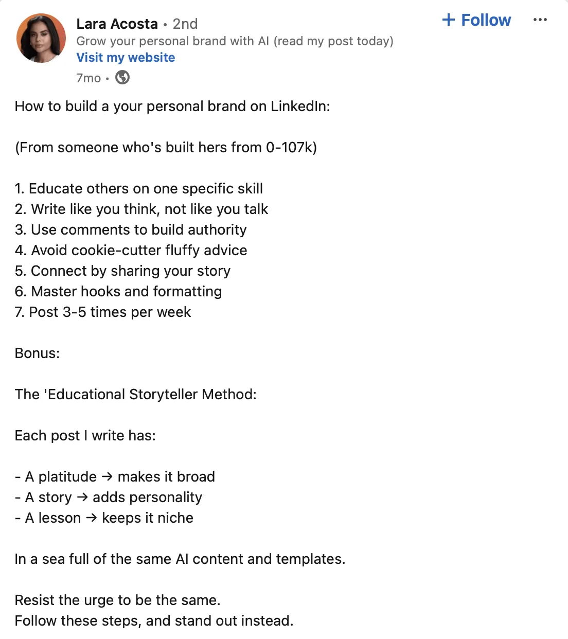 ตัวอย่างการสร้างแบรนด์ส่วนบุคคลบน Linkedin ของ Lara Acosta