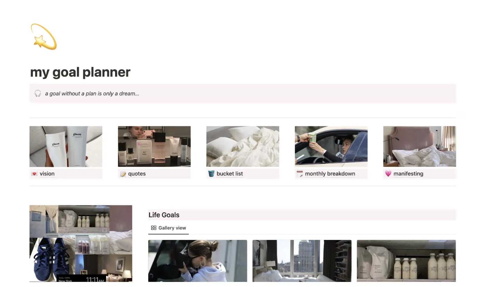 Modèles Notion esthétiques : Planificateur d’objectifs de vie esthétique Clean Girl via Notion