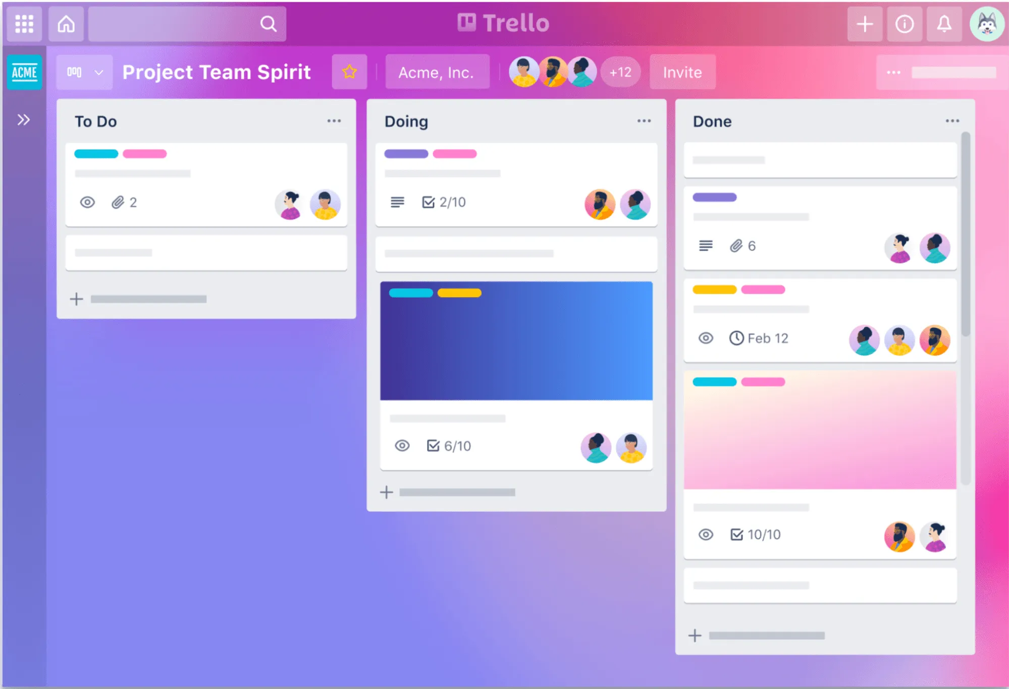 Vista del tablero Kanban de Trello