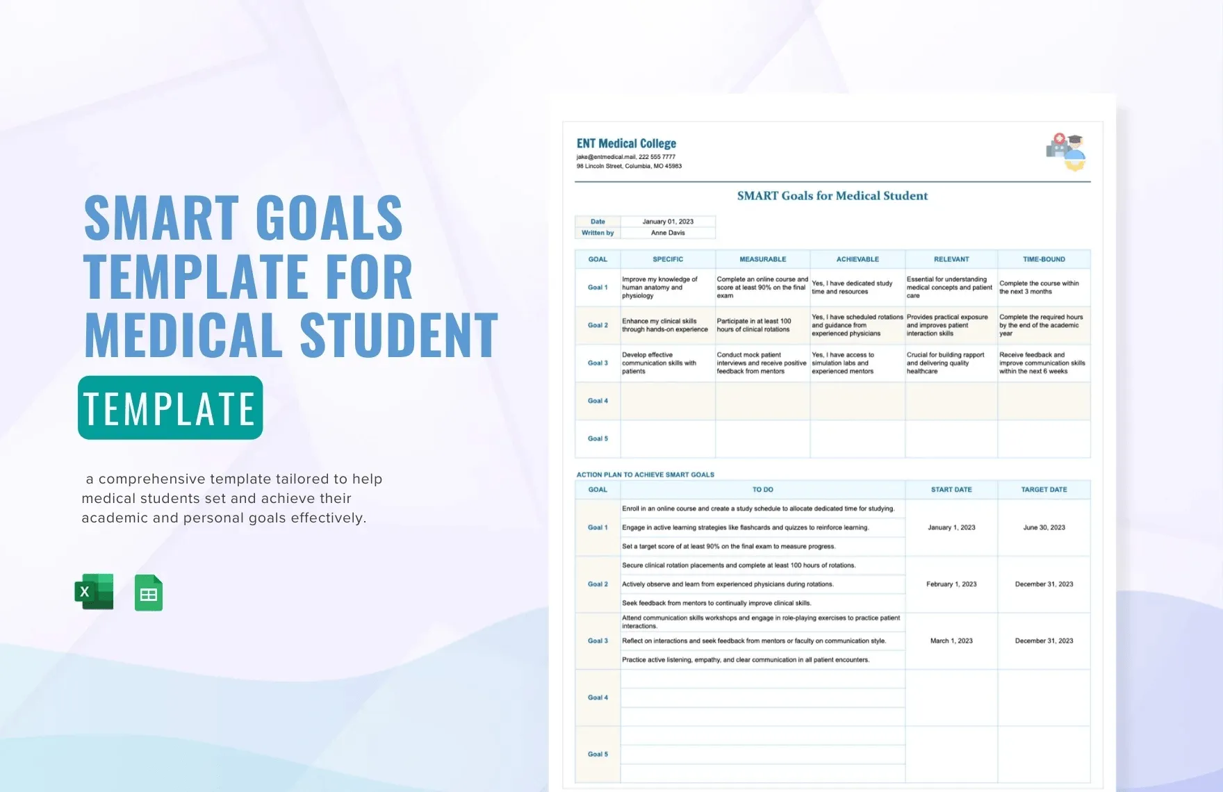 เทมเพลตเป้าหมาย SMART สำหรับนักศึกษาแพทย์โดย Template.net: เทมเพลตติดตามเป้าหมายใน Google Sheets