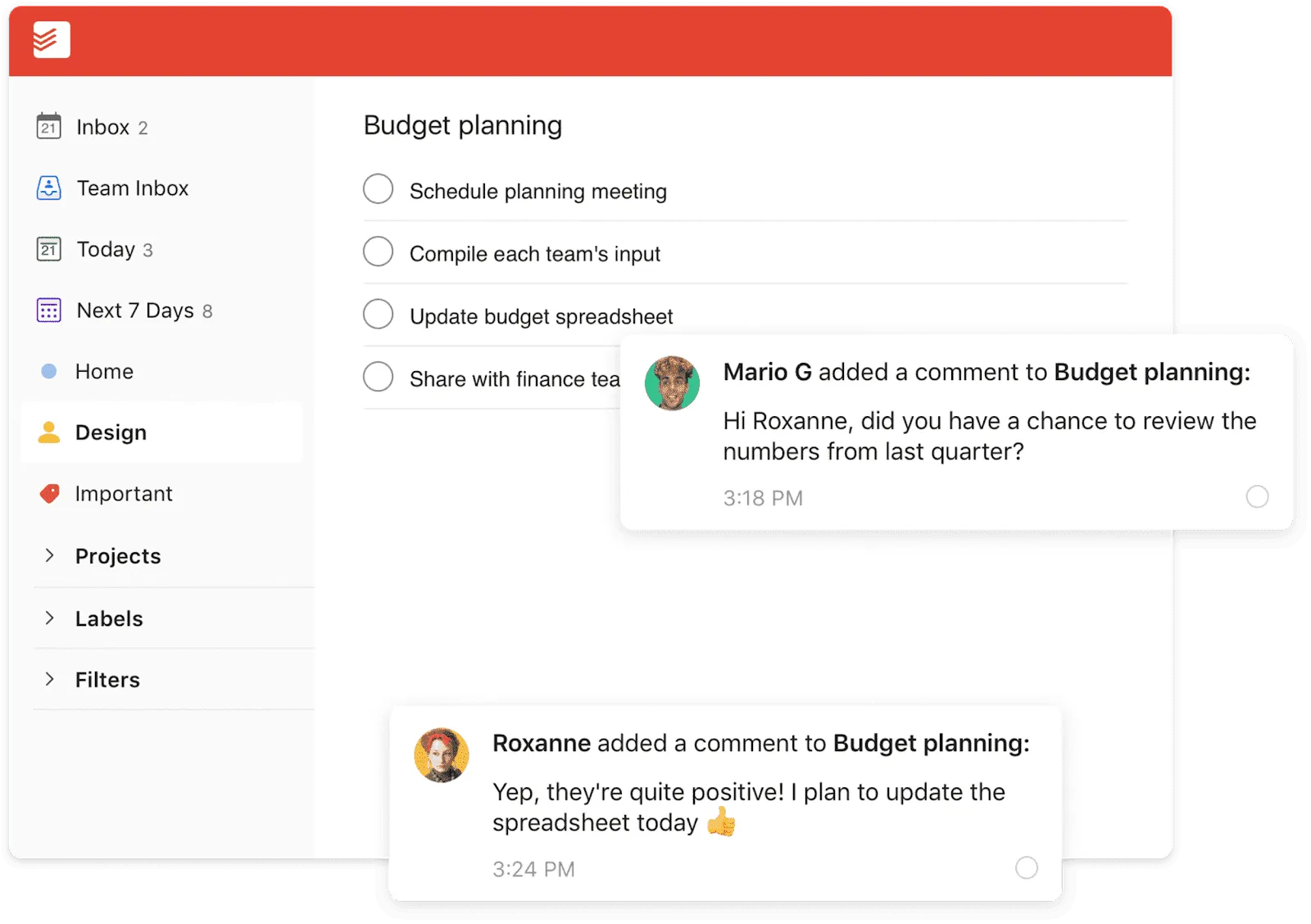 Una lista de planificación presupuestaria en Todoist.