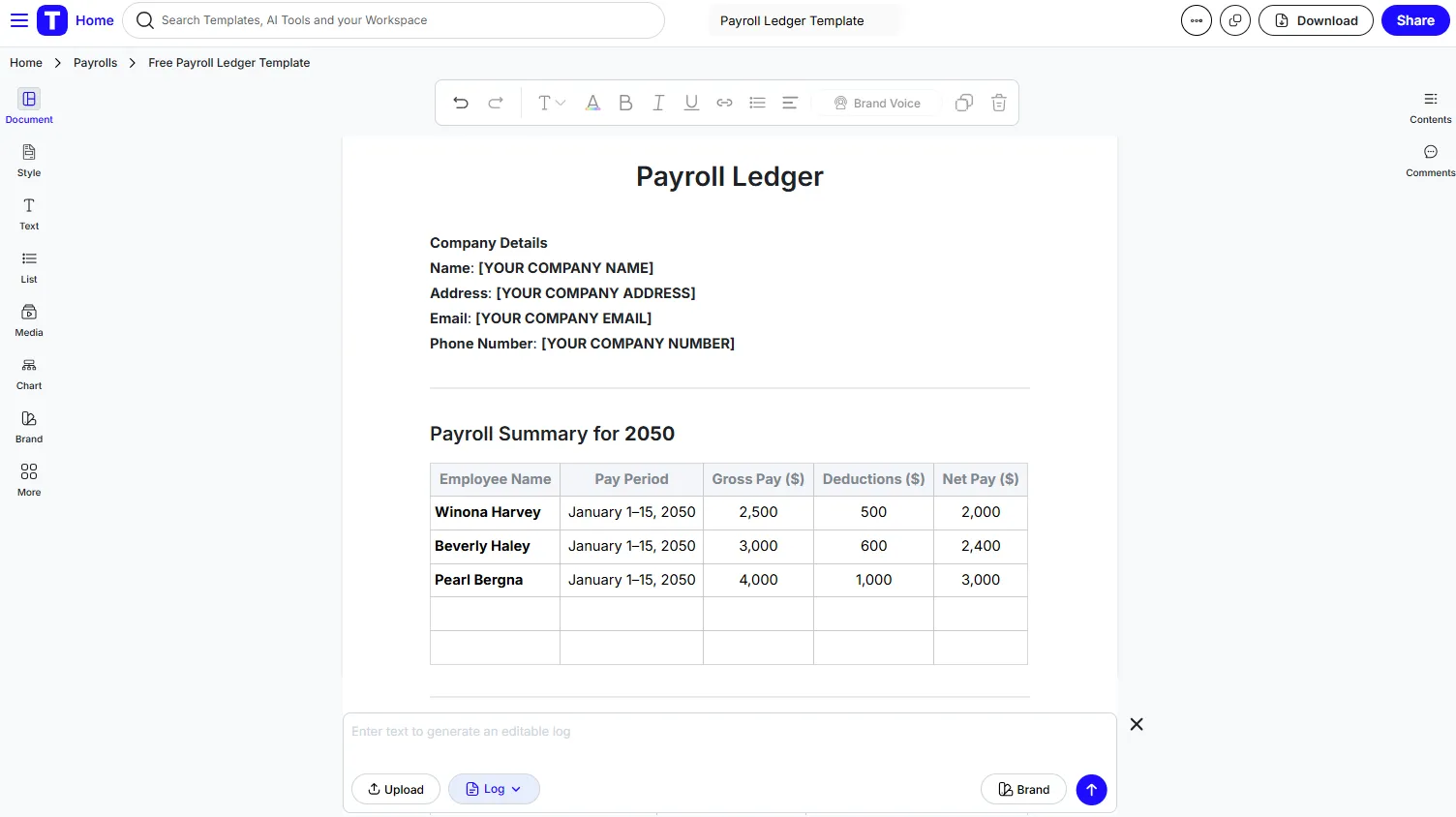 نموذج دفتر الأجور من Template.net - نموذج ميزانية الرواتب