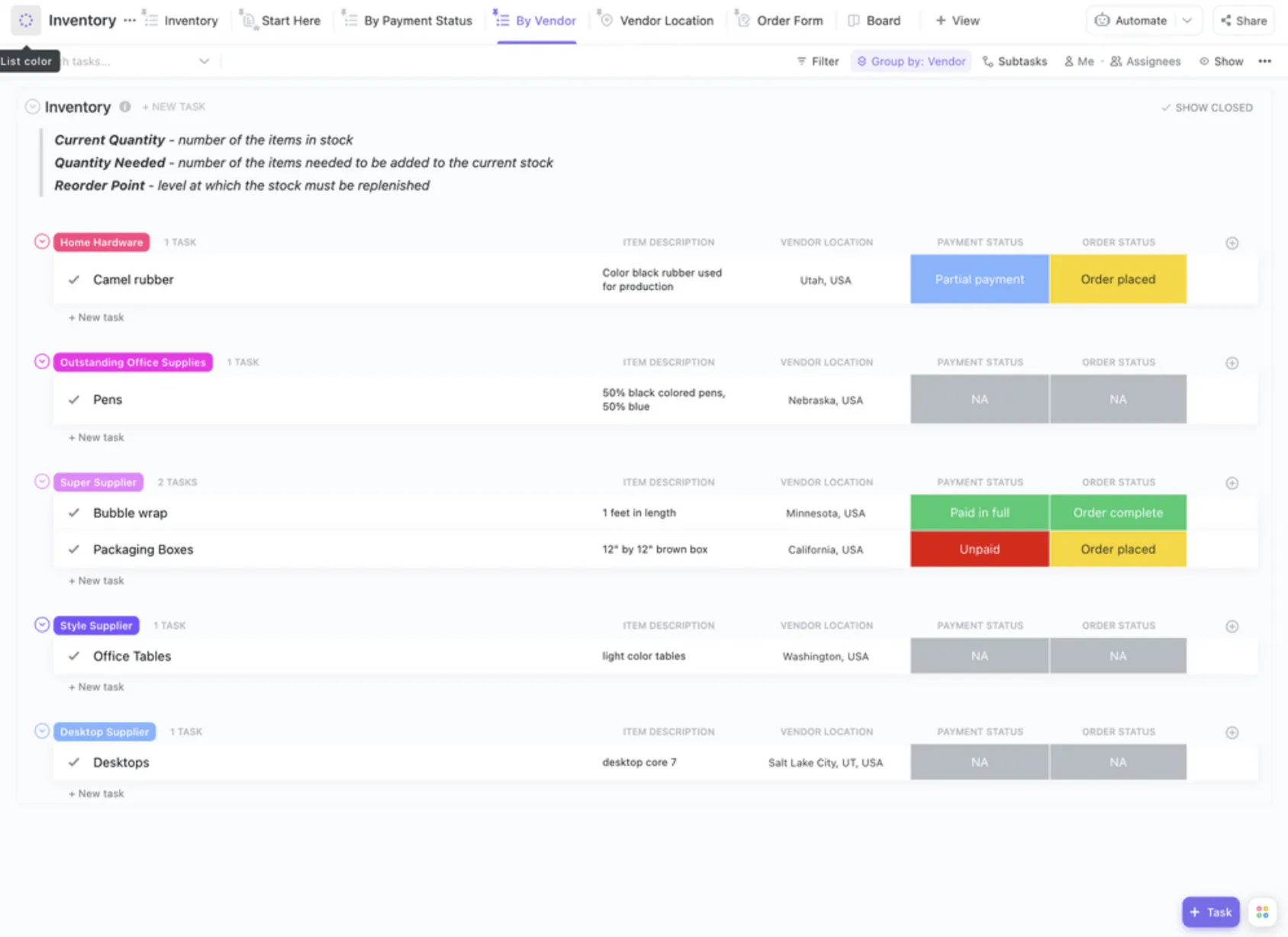Crea un foglio di inventario condivisibile in ClickUp