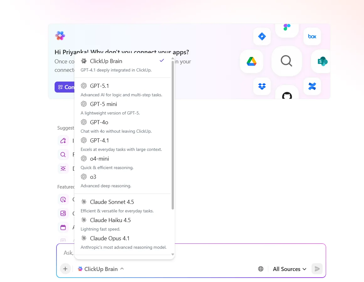 ClickUp Brain: جرب نماذج متعددة لإنشاء المحتوى والصور: Perplexity مقابل Claude للبرمجة