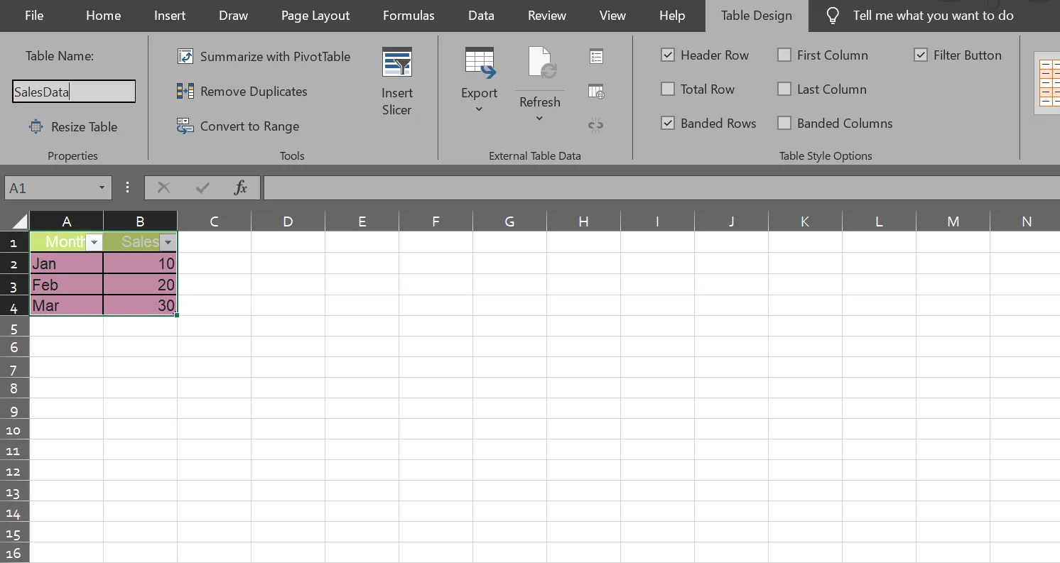 Đặt tên cho bảng Excel