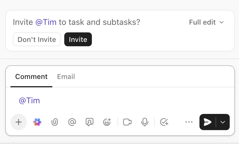 Använd @mentions i ClickUp för att hitta relevanta teammedlemmar eller utföra specifika åtgärder på några sekunder: 12 unika fördelar med ClickUp Automation för växande företag