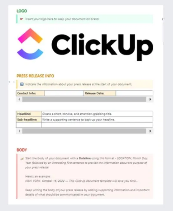 Modelo de redação de conteúdo ClickUp