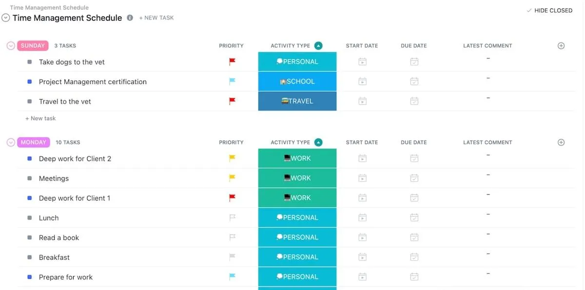 Améliorer vos performances de travail : un exemple de modèle de planning de gestion du temps de ClickUp