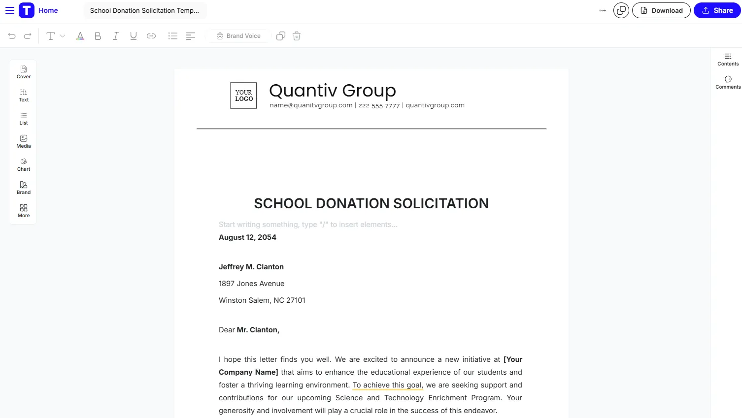 Vorlage für ein Spendenanschreiben für Schulen von Template.net