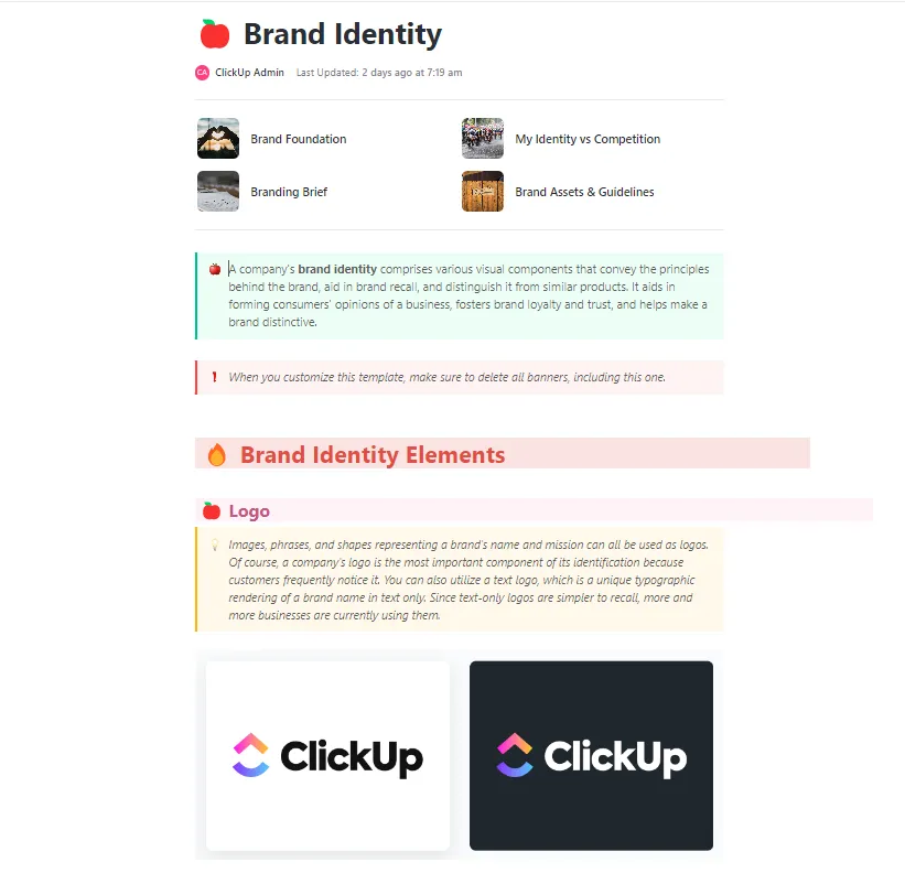 Définissez l'identité visuelle fondamentale de votre marque à l'aide du modèle d'identité de marque ClickUp, qui permet de conserver les éléments essentiels accessibles et bien documentés.