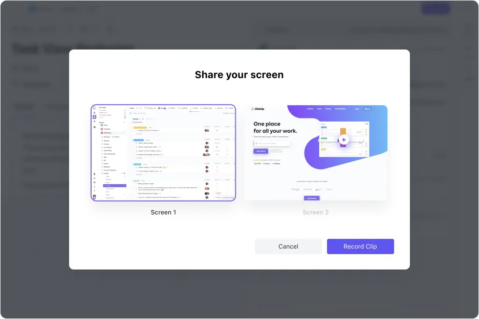 ClickUp 3.0 Bildschirmfreigabe aus der Ansicht der Aufgaben aufzeichnen