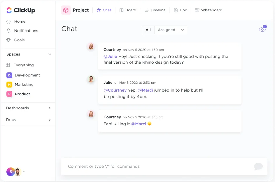 Discuter dans ClickUp rationalise la communication.