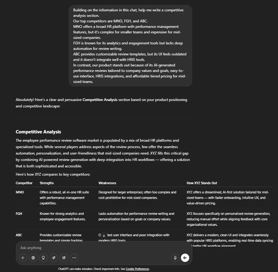 Подсказка за конкурентен анализ в Chatgpt