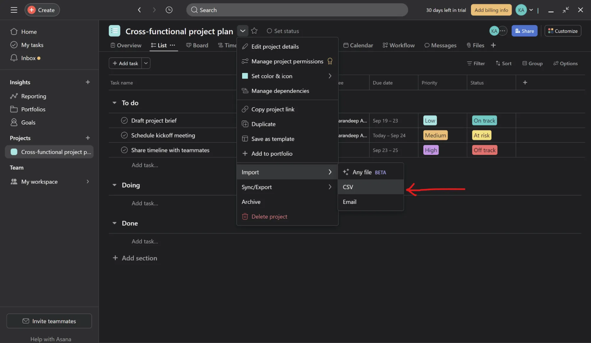 Este paso descarga su archivo CSV desde Asana: cómo exportar Asana a Excel.