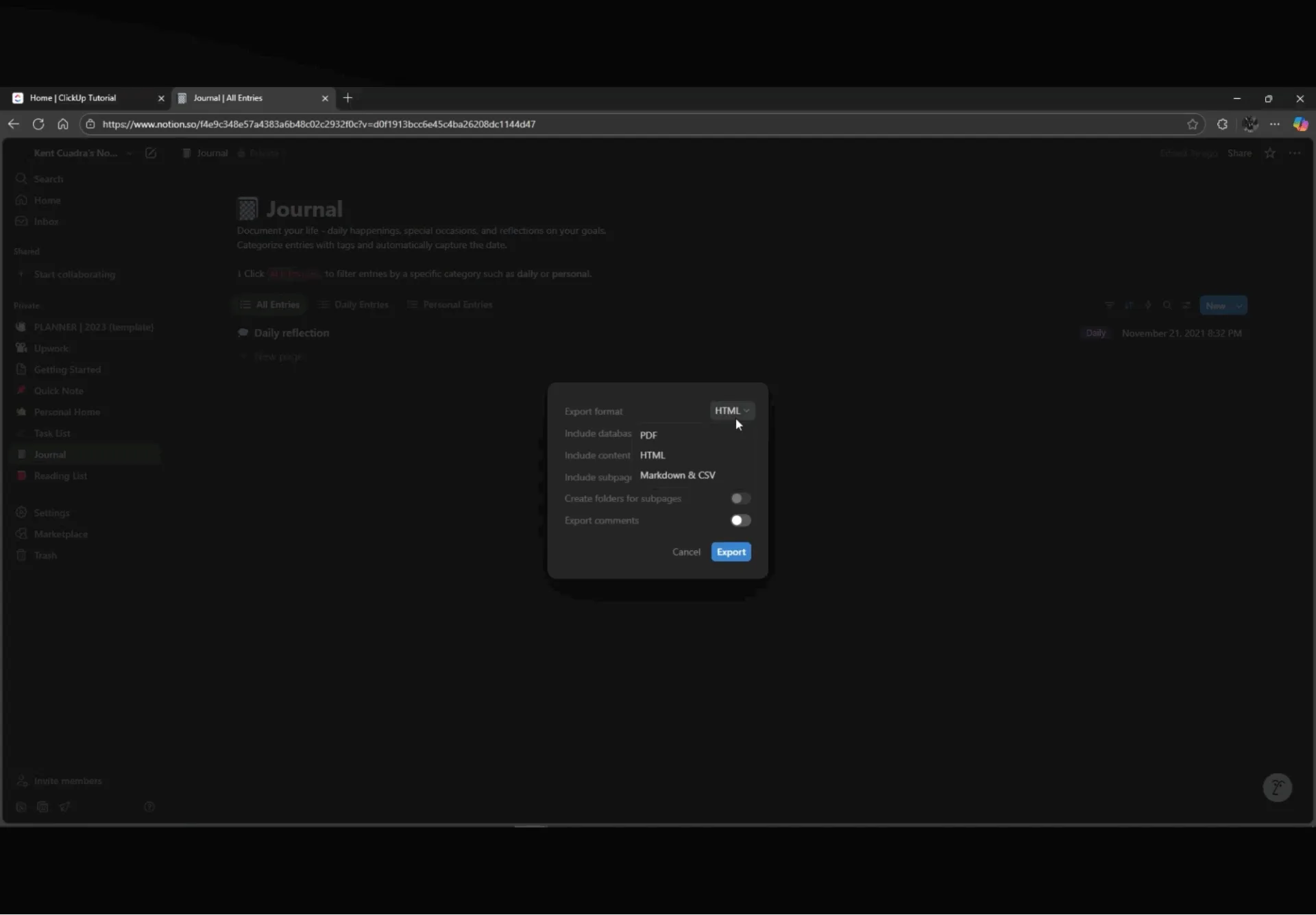 ส่งออกจาก Notion เป็นไฟล์ HTML หรือ CSV