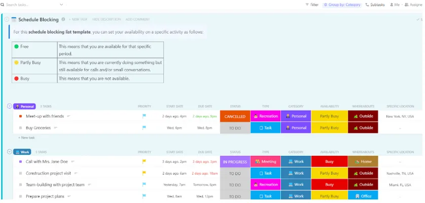 Šablona pro blokování času ClickUp: šablona pro blokování času Google Sheets