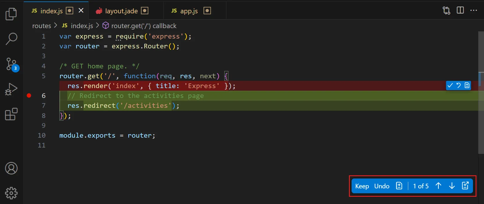 Inline-kodredigeringar + granskning: GitHub Copilot