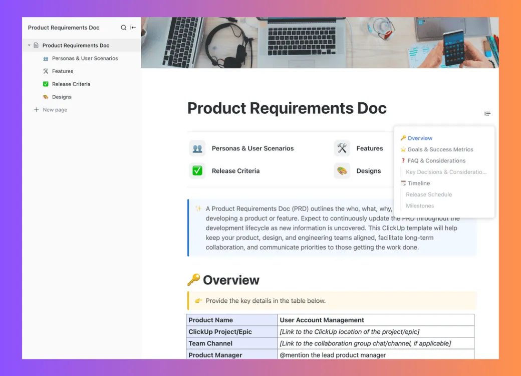 Vorlage für Produktanforderungsdokumente von ClickUp