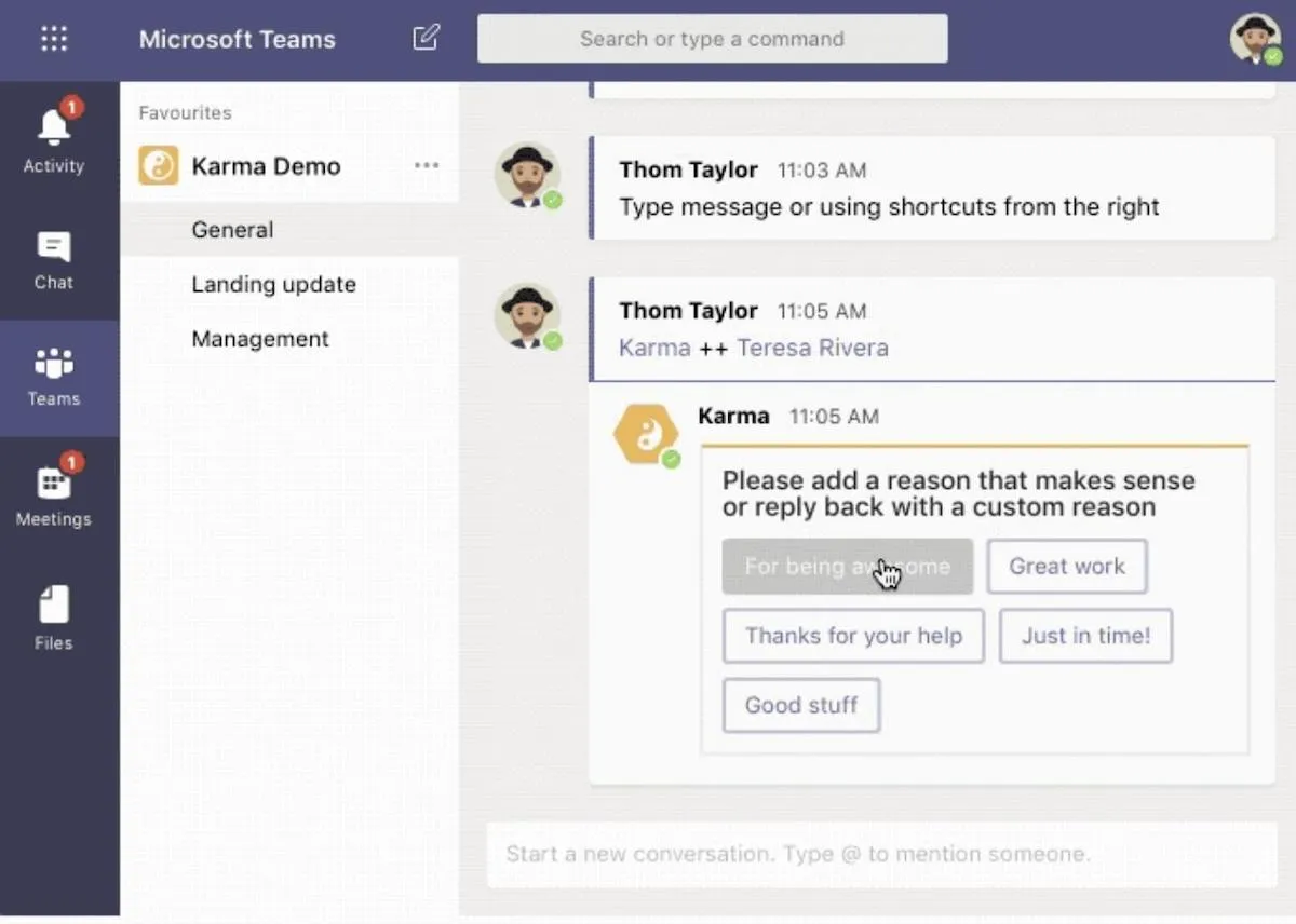 Integraciones de Teams: al pasar el cursor por encima de la opción «For being awesome» en Karma