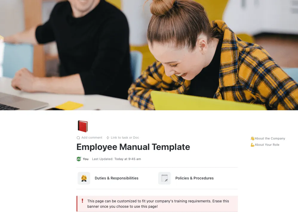 Muestre a sus empleados cómo tener éxito y crecer en sus roles utilizando la plantilla del manual del empleado de ClickUp.