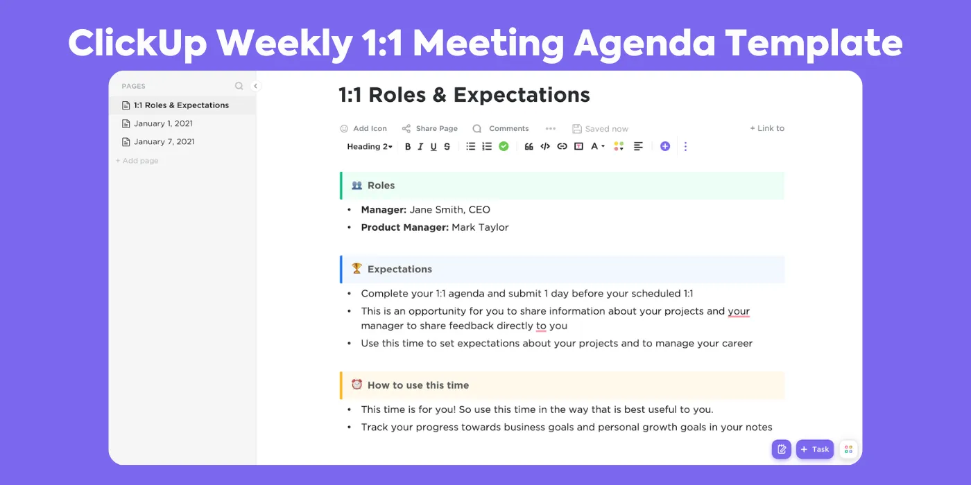 Mantenga todas sus agendas, elementos pendientes y comentarios en un solo lugar organizado con esta plantilla semanal individual de ClickUp.