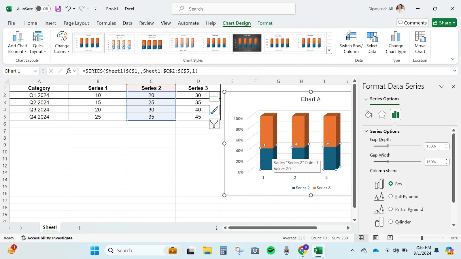 cách thêm biểu đồ cột xếp chồng trong Excel - Điều chỉnh chuỗi dữ liệu và bố cục