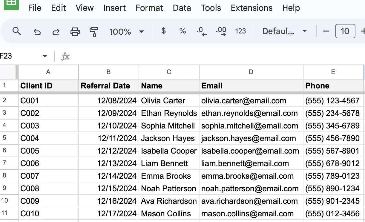 Données CRM dans Google Sheets
Feuille de calcul CRM