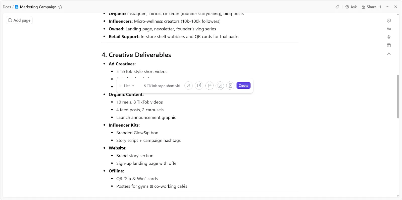 การสร้างงานใน ClickUp Docs