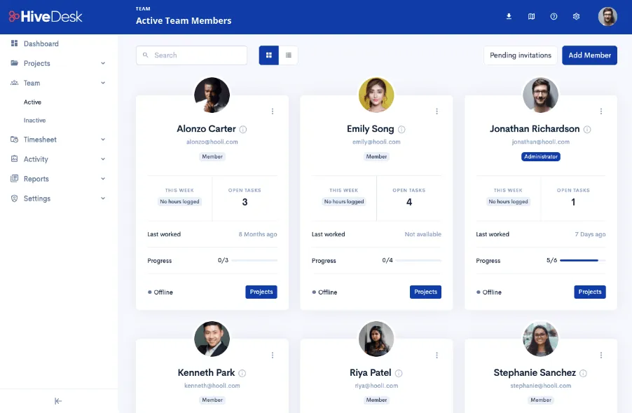 HiveDesk-dashboard voor tijdsregistratie-software