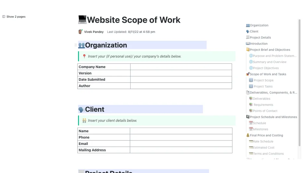 Modèle de cahier des charges du site Web ClickUp