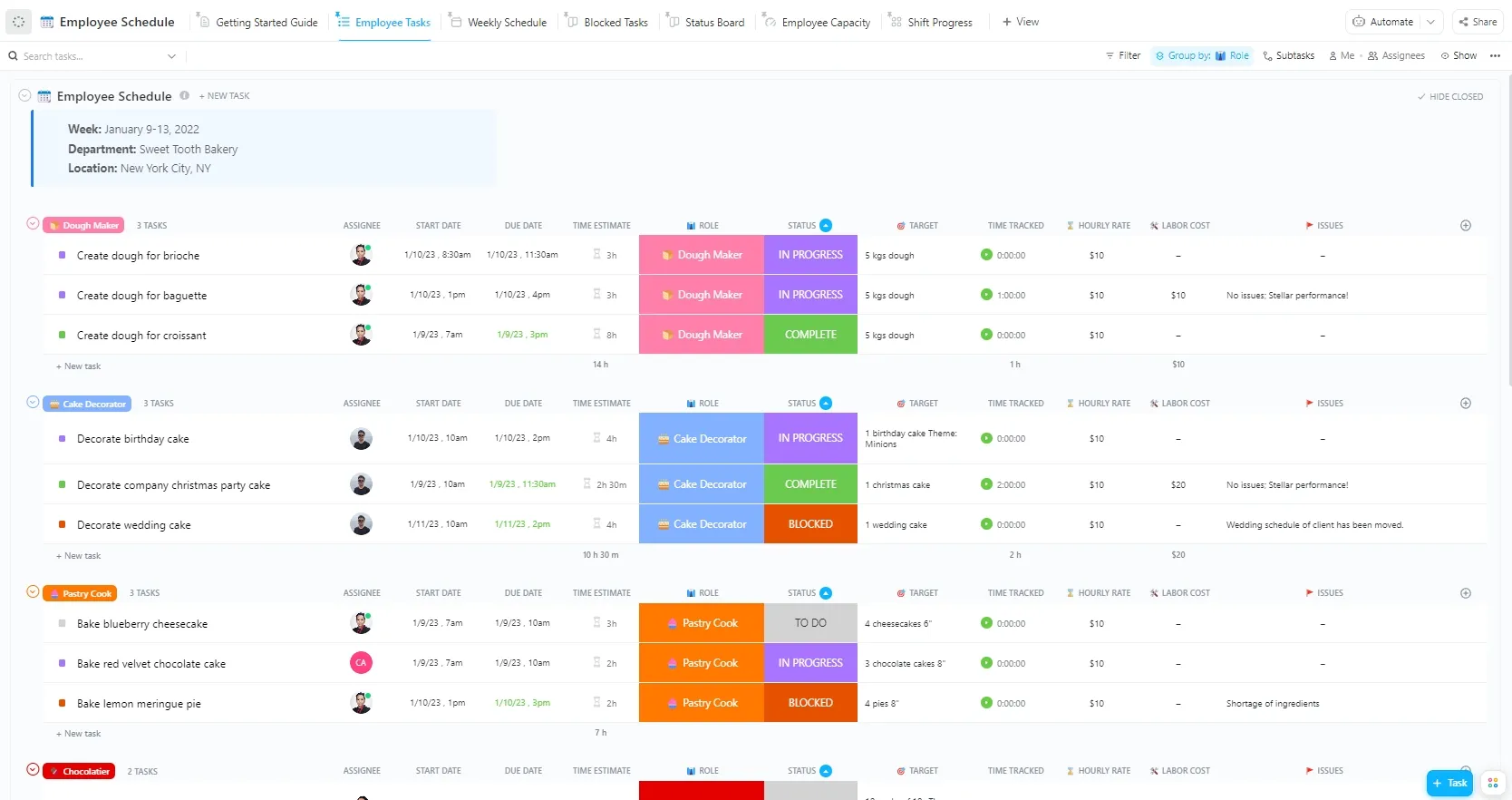 เทมเพลตตารางเวลาพนักงาน ClickUp: จัดระเบียบตารางเวลาประจำวันและรายสัปดาห์เพื่อการดำเนินงานที่สม่ำเสมอ