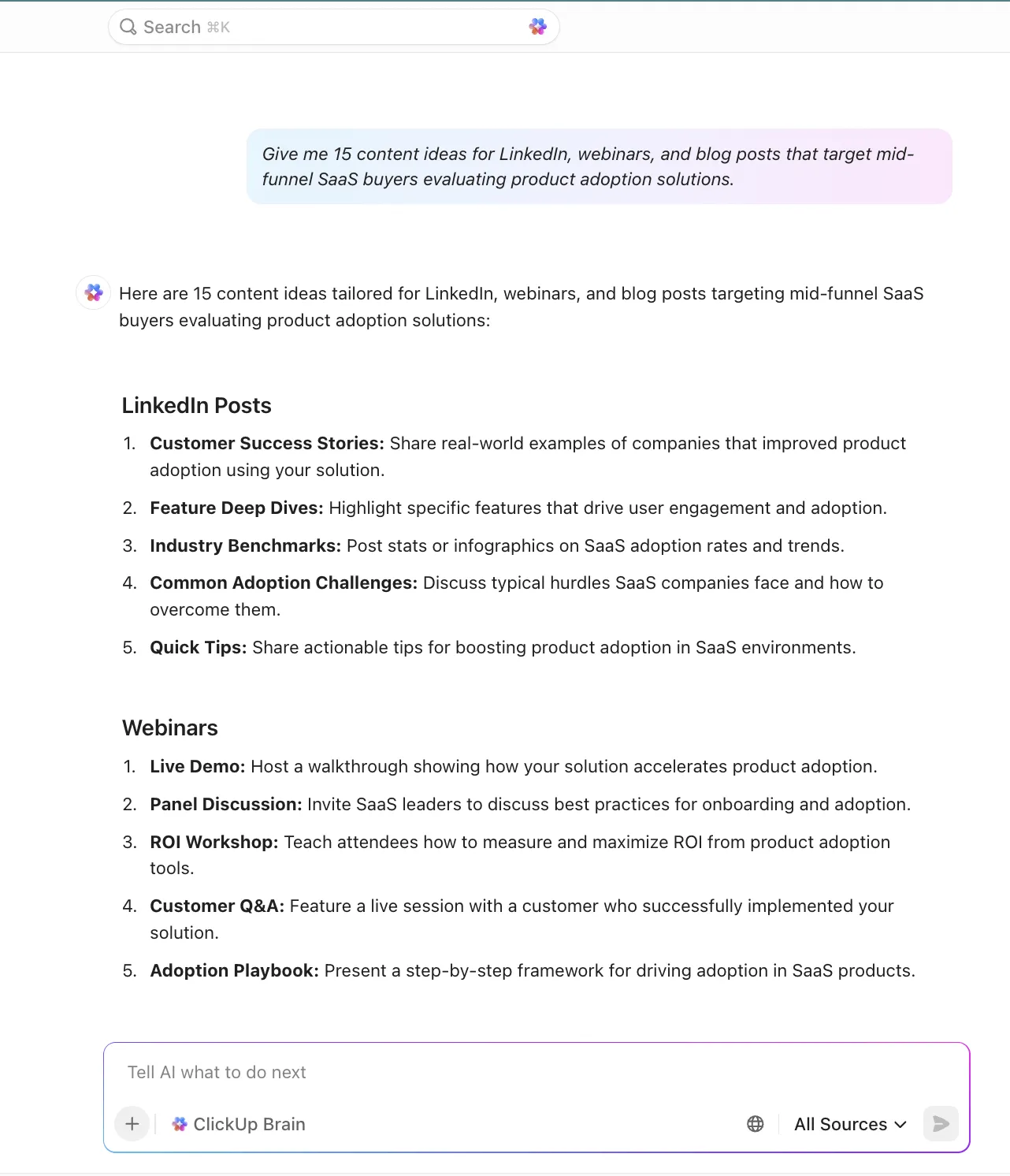 ClickUp Brain: calendario de contenido B2B