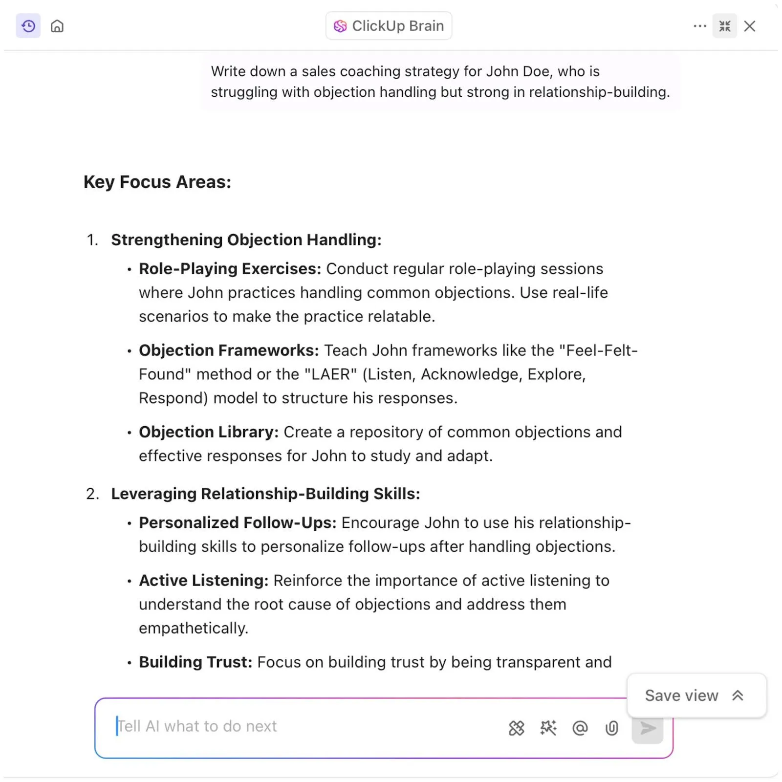 clickup brain sales coaching strategy ai agent for sales