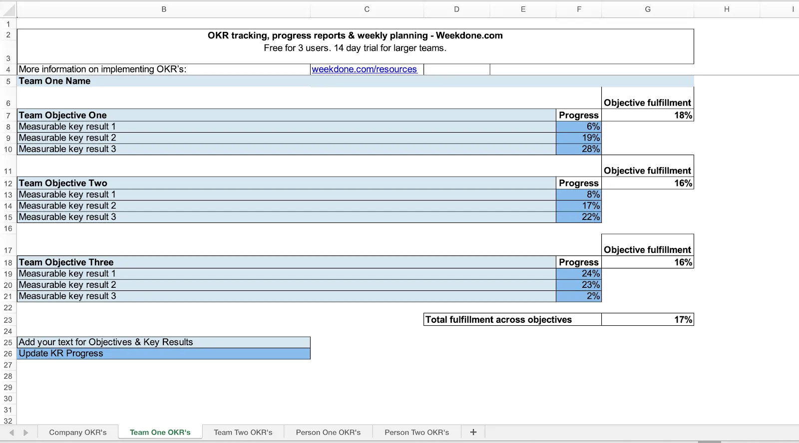 Mẫu OKR Excel của Weekdone