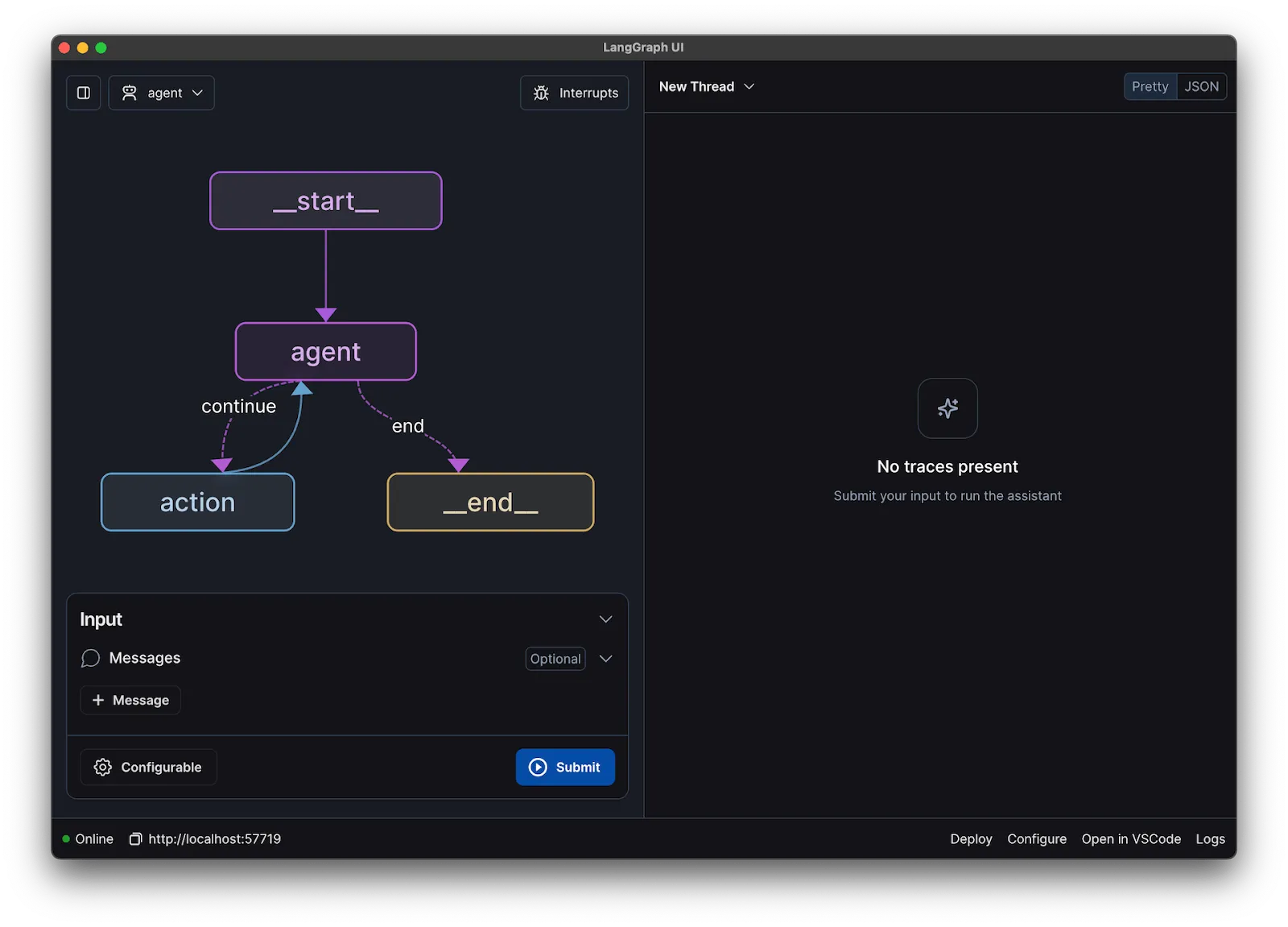 LangChain-frameworkinterface die ketens, prompts of componenten illustreert die worden gebruikt voor LLM-toepassingen
Bron: https://langchain-ai.github.io/langgraphjs/concepts/img/lg_studio.png