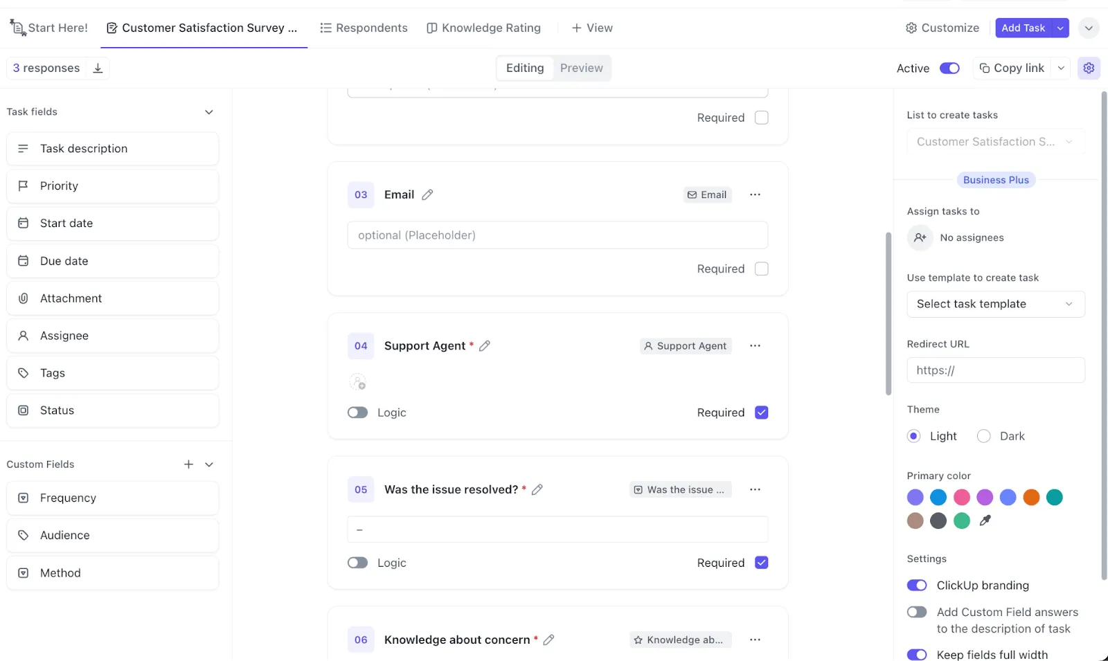 Sammeln Sie Kundenfeedback mit der Vorlage für Kundenzufriedenheitsumfragen von ClickUp.
