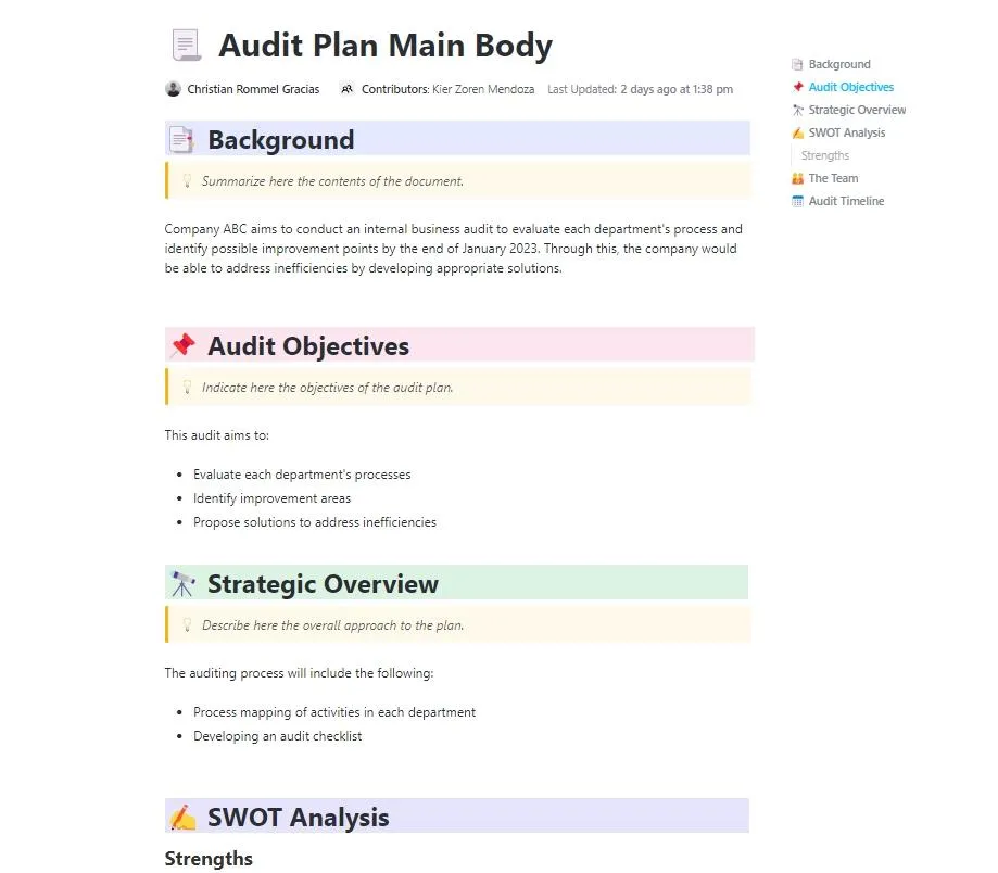 Egységesítse az audit idővonalait, feladatait és dokumentációját a ClickUp audit terv sablonjával