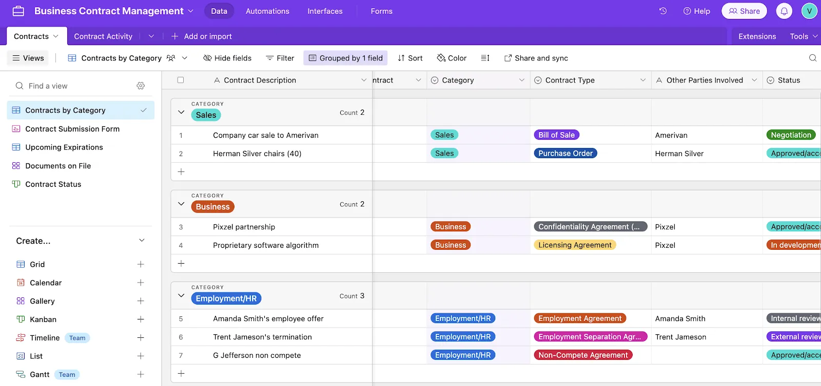 Modelli Airtable per la gestione dei contratti aziendali