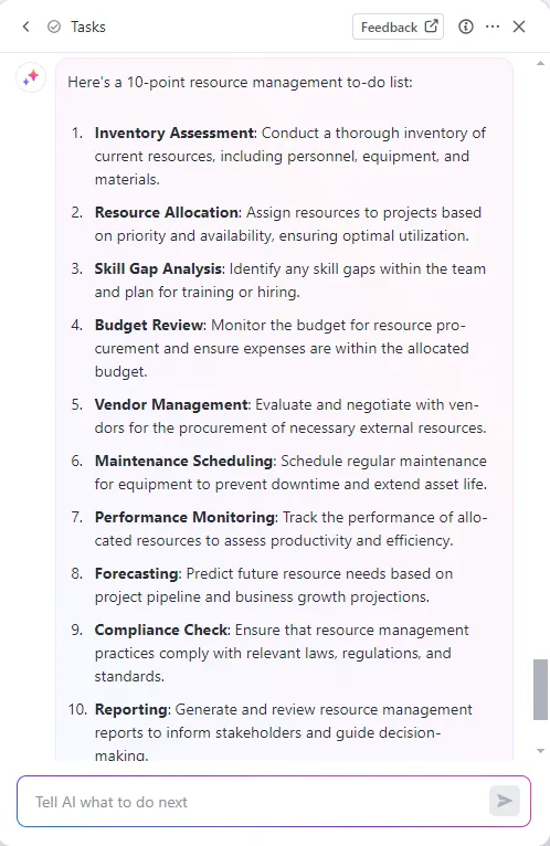 Liste des tâches à faire pour la gestion des ressources par ClickUp Brain