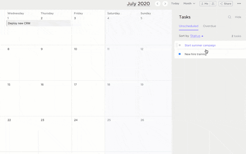 Software de programação com recurso de arrastar e soltar: Visualização do calendário do ClickUp