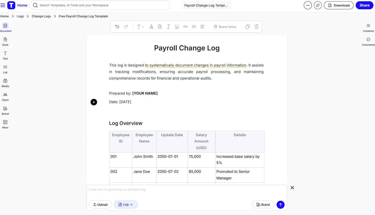 سجل تغييرات الرواتب من Template.net - نموذج ميزانية الرواتب