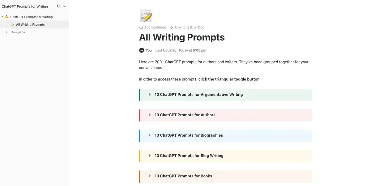 Migliora il tuo processo di creazione dei contenuti con il modello "ChatGPT Prompts for Writing" di ClickUp