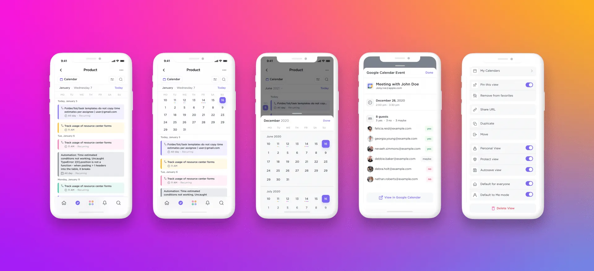 Visualização do calendário no aplicativo móvel ClickUp