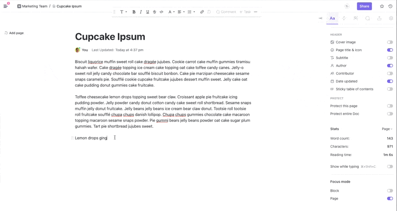 Modalità di concentrazione su una pagina in ClickUp Docs
