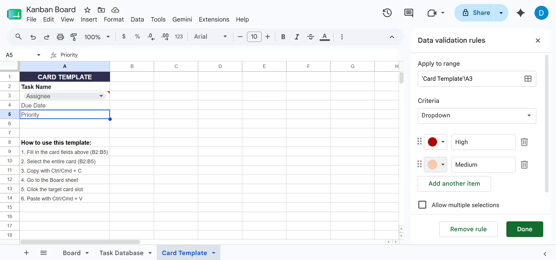 Dostosuj listę rozwijaną „Priorytet” w Arkuszach Google