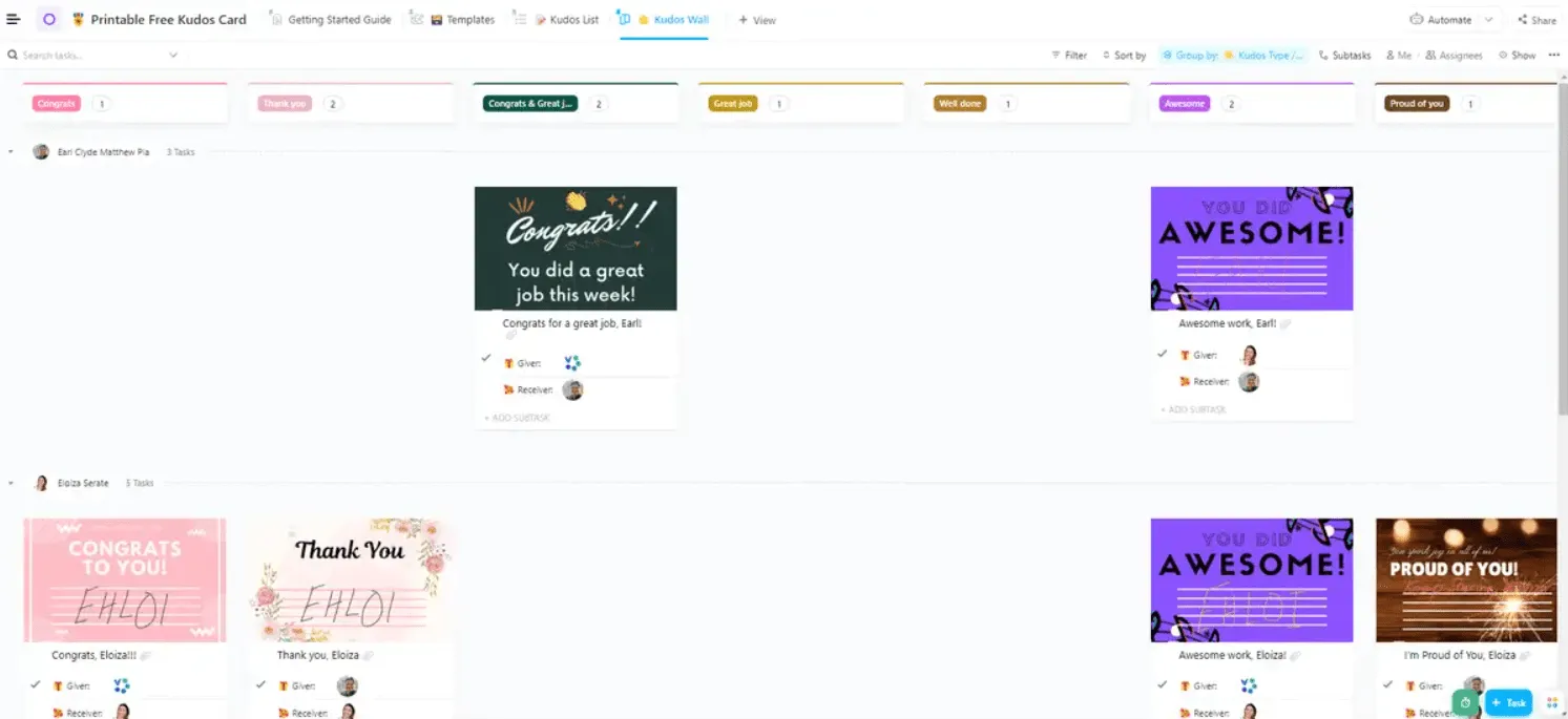 Montrez votre reconnaissance avec des messages personnalisés et sincères grâce au modèle de cartes de félicitations imprimables gratuites de ClickUp.