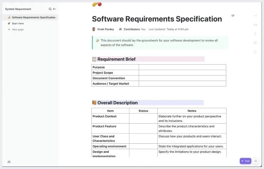 Esempio di documento sui requisiti tecnici: il modello di requisiti di sistema pronto all'uso di ClickUp è una manna dal cielo per i progetti di sviluppo software.