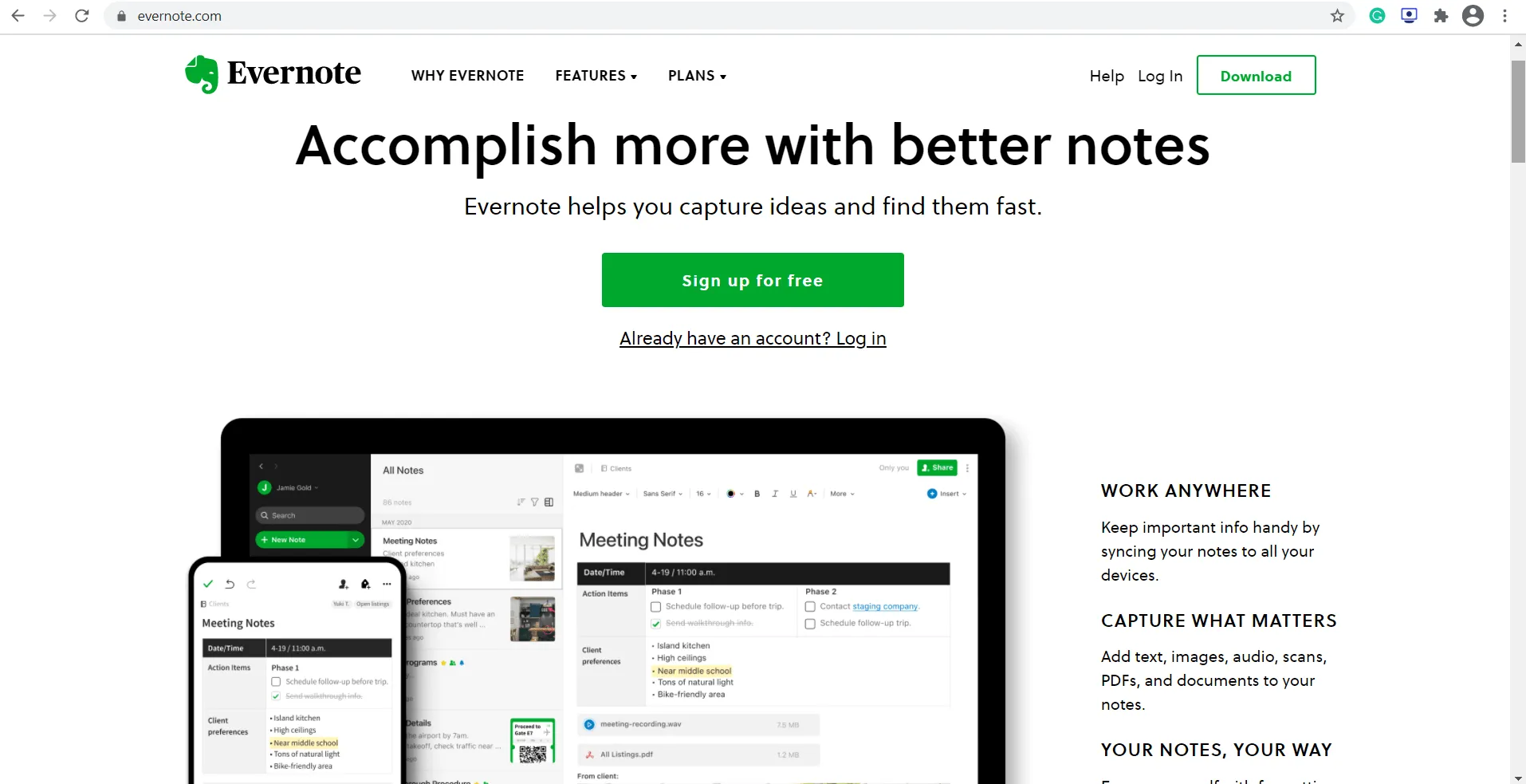 Página de inicio de Evernote