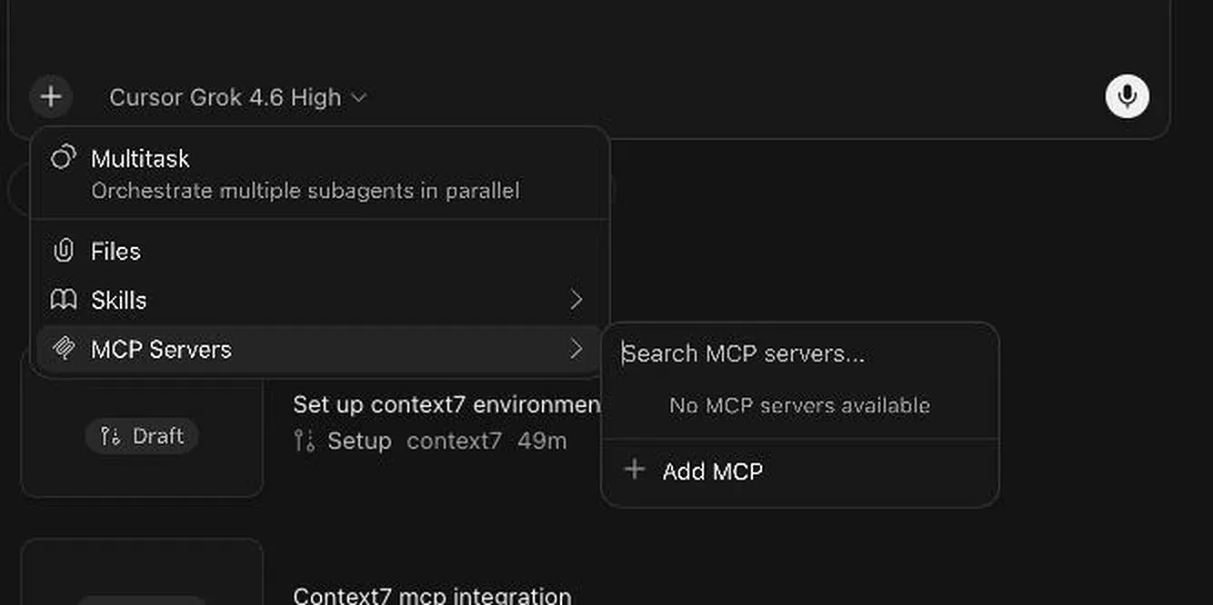 Het menu van Cursor MCP-servers met het zoekveld, de melding ‘Geen MCP-servers beschikbaar’ en de optie ‘MCP toevoegen’, met op de achtergrond van het menu een Context7-installatie-taak zichtbaar